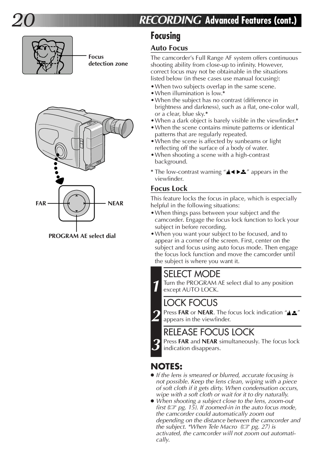 JVC GR-AX46, GR-AX76, GR-AX26 manual Focusing, Lock Focus, Release Focus Lock, FAR Near, Patterns that are regularly repeated 