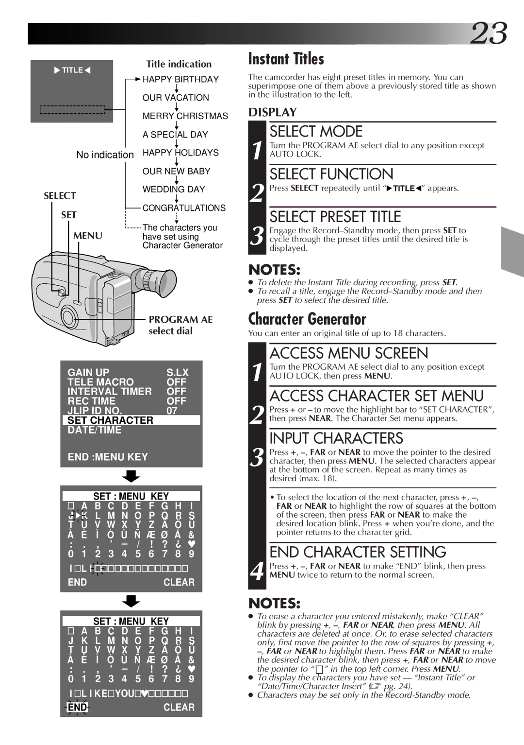 JVC GR-AX46, GR-AX76, GR-AX26 manual Instant Titles, Title indication, Select, Set 