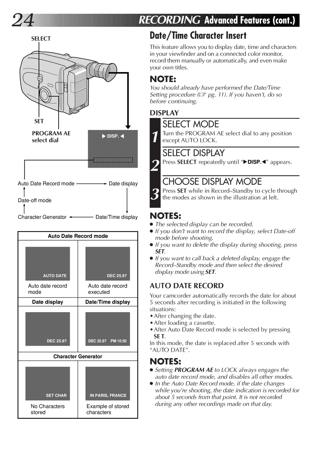 JVC GR-AX76, GR-AX26, GR-AX46 Date/Time Character Insert, Select Display, Choose Display Mode, SET Program AE, Select dial 