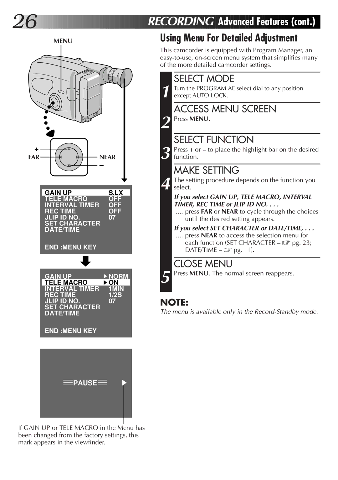 JVC GR-AX46, GR-AX76, GR-AX26 manual Select Mode 