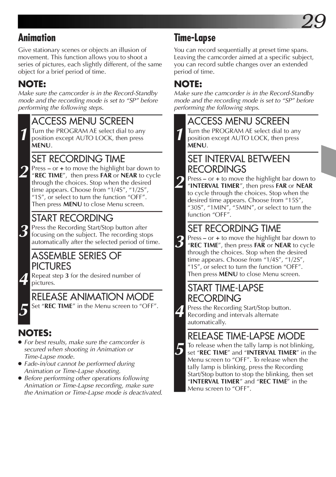 JVC GR-AX46, GR-AX76, GR-AX26 manual Animation, Time-Lapse 