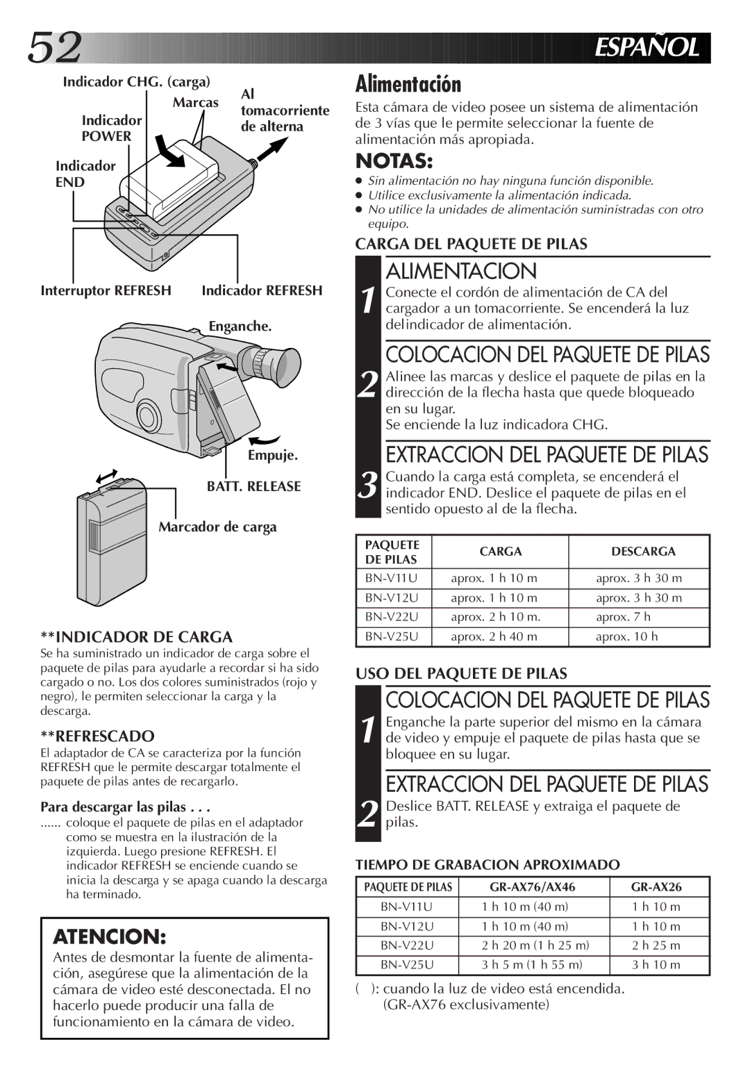 JVC GR-AX26, GR-AX76, GR-AX46 manual Alimentación, Alimentacion, End, Tiempo DE Grabacion Aproximado 