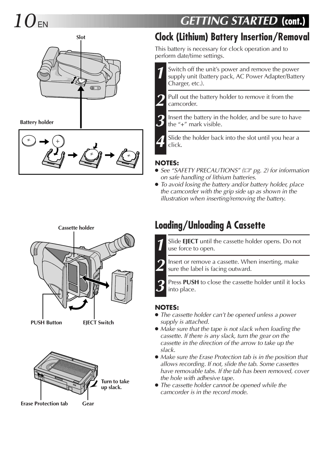 JVC GR-AX767UM specifications 10 EN, Getting Started, Clock Lithium Battery Insertion/Removal, Loading/Unloading a Cassette 