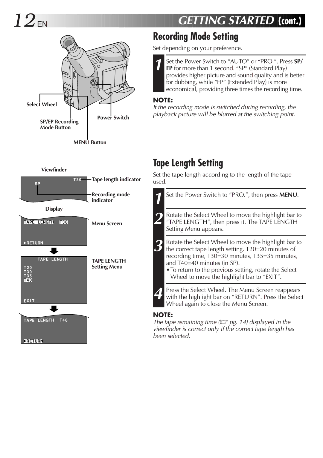 JVC GR-AX767UM specifications EN Getting Started, Recording Mode Setting, Tape Length Setting 