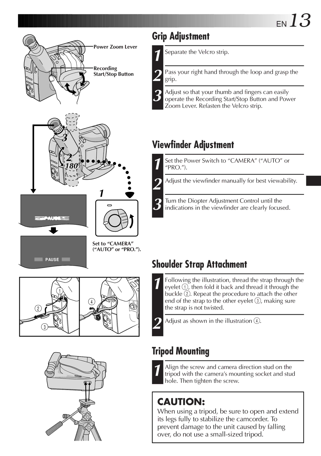 JVC GR-AX767UM specifications Grip Adjustment, Viewfinder Adjustment, Shoulder Strap Attachment, Tripod Mounting 