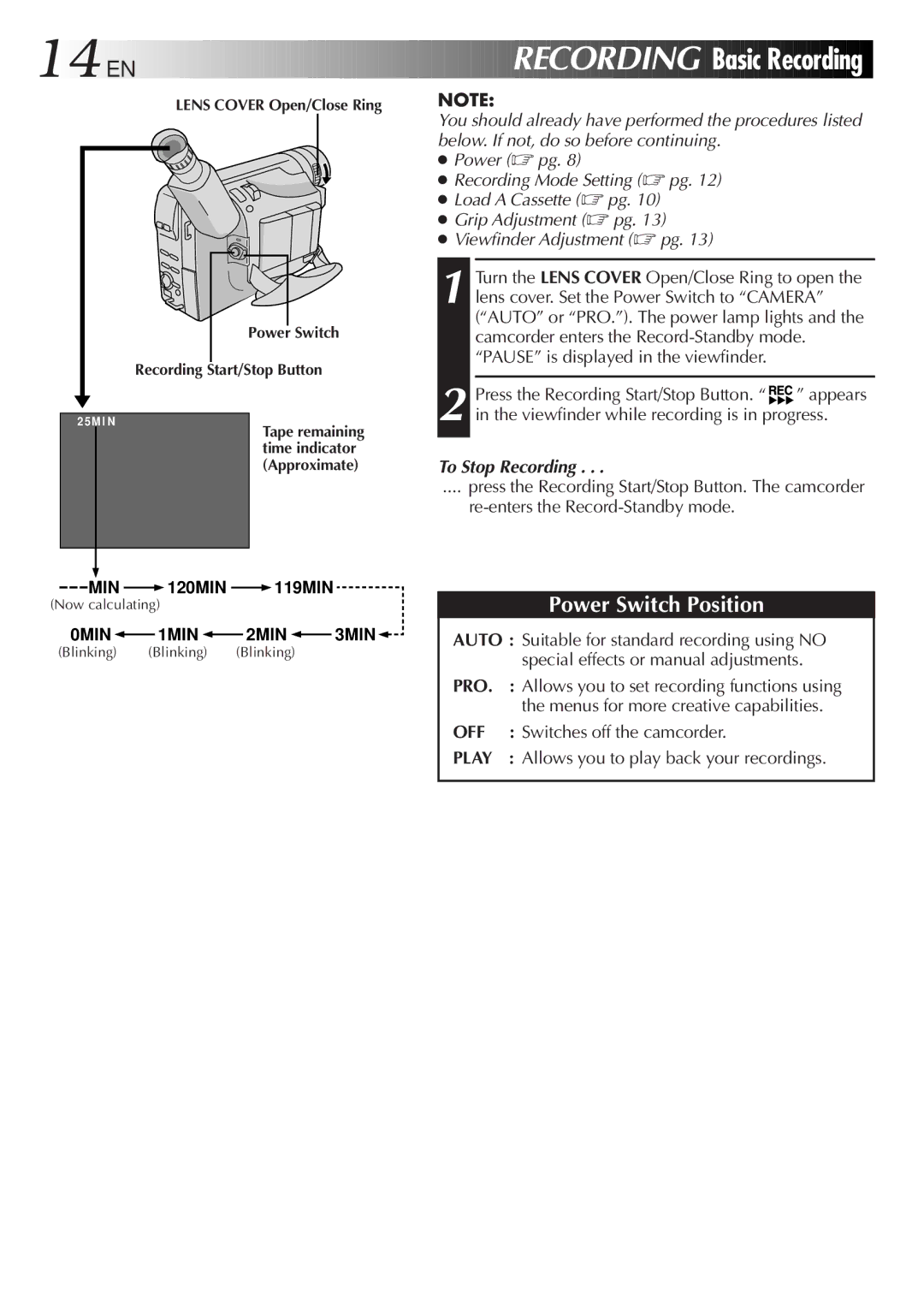 JVC GR-AX767UM specifications Basic Recording, Switches off the camcorder 