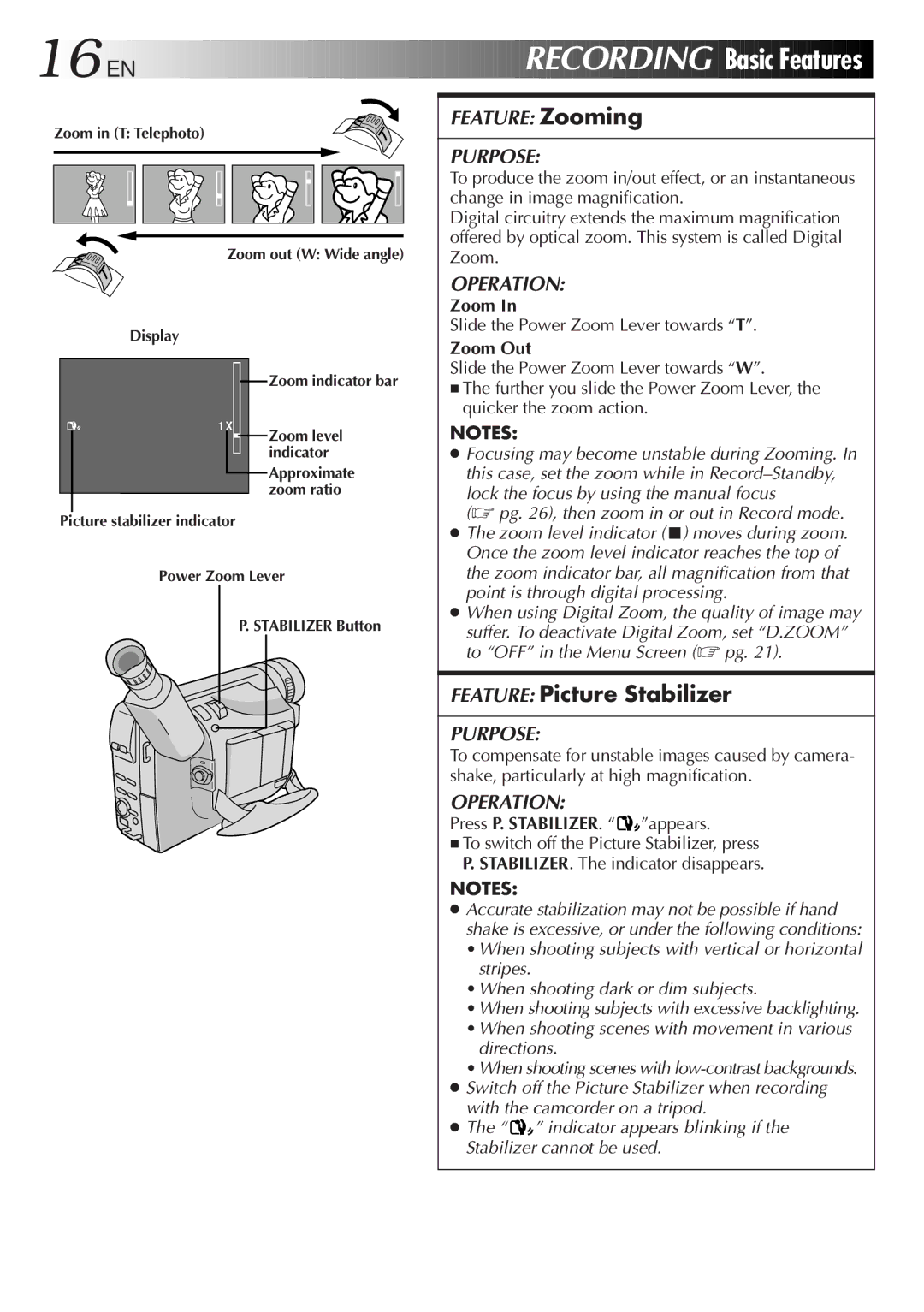 JVC GR-AX767UM specifications EN Recording Basic Features, Slide the Power Zoom Lever towards T, Zoom Out 