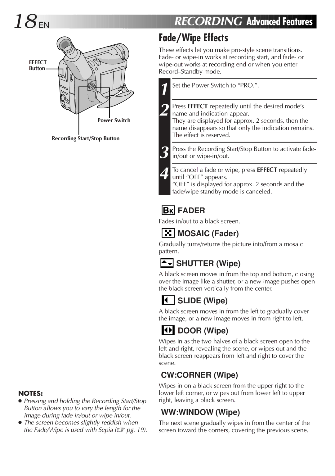 JVC GR-AX767UM specifications Fade/Wipe Effects, Fades in/out to a black screen 