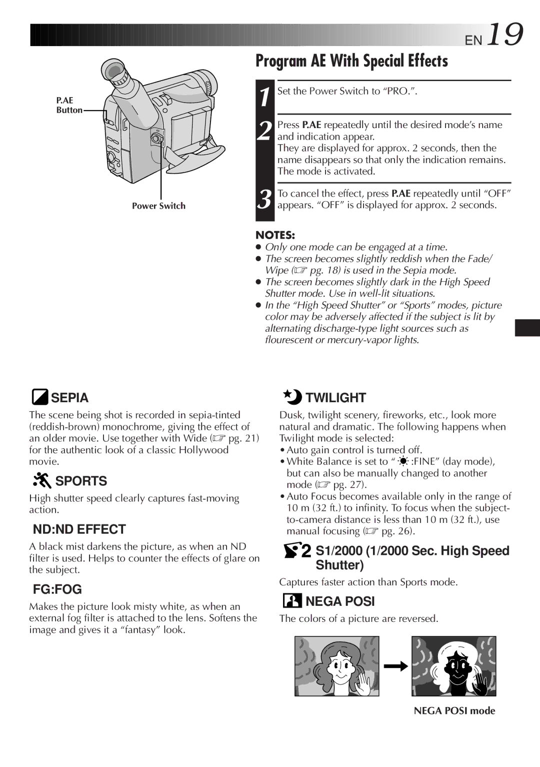 JVC GR-AX767UM Program AE With Special Effects, High shutter speed clearly captures fast-moving action, Nega Posi mode 