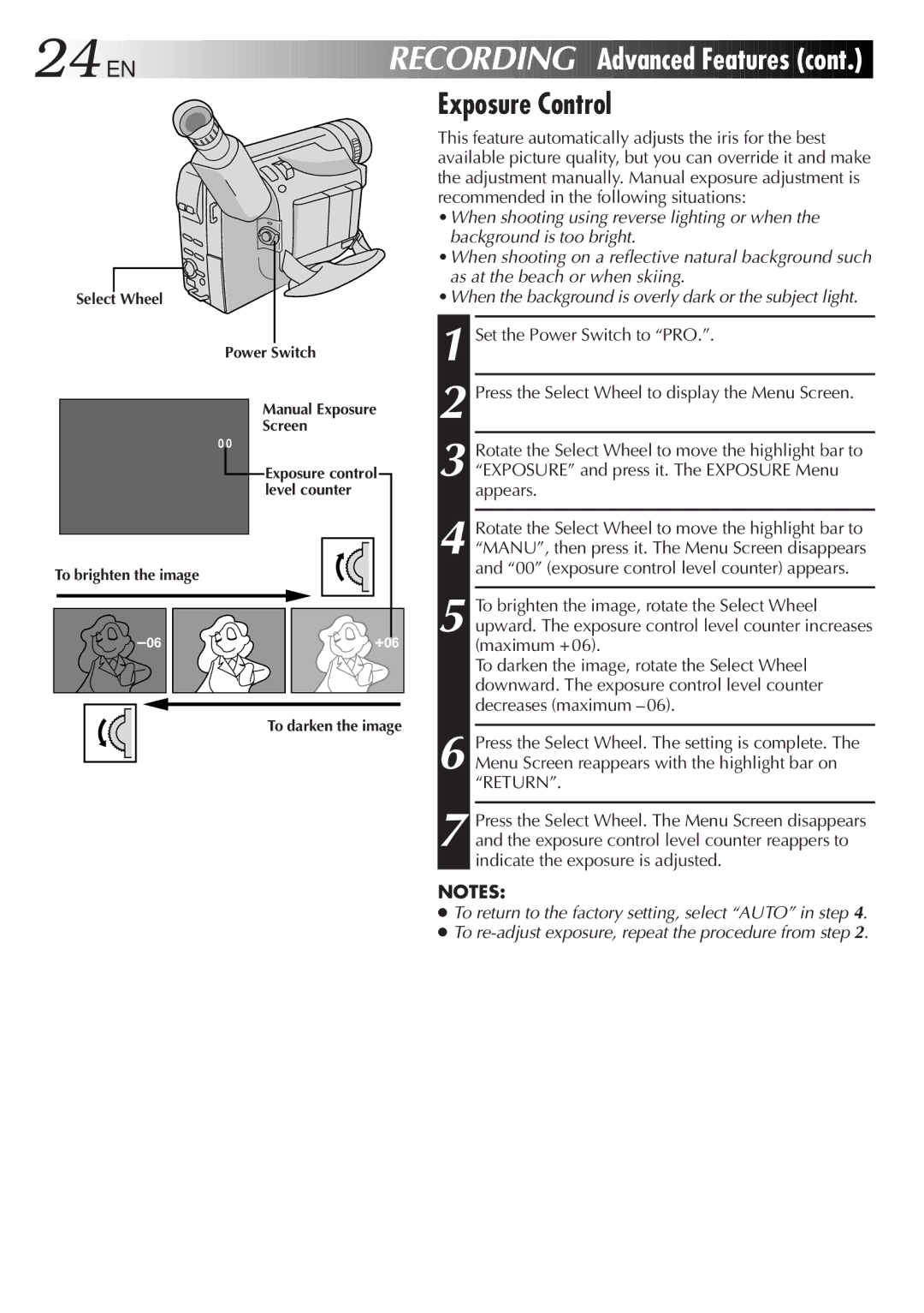 JVC GR-AX767UM specifications 24 EN, Exposure Control 