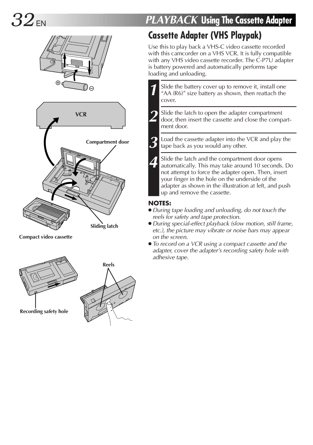 JVC GR-AX767UM specifications 32 EN, Playback Using The Cassette Adapter, Cassette Adapter VHS Playpak 