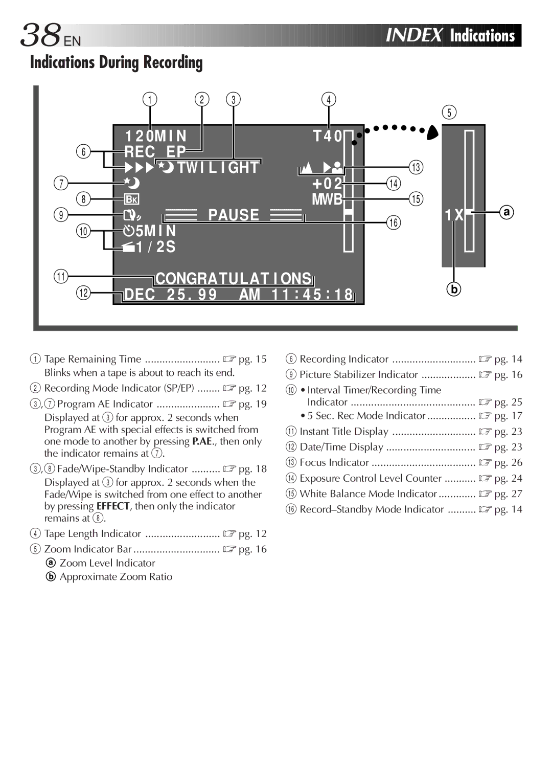 JVC GR-AX767UM specifications 38 EN, Index, Indications 