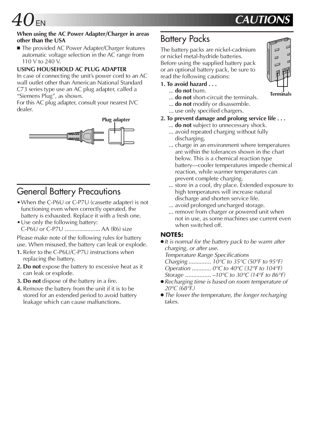 JVC GR-AX767UM specifications 40 EN, Use only the following battery P6U or C-P7U, To avoid hazard, Do not burn 