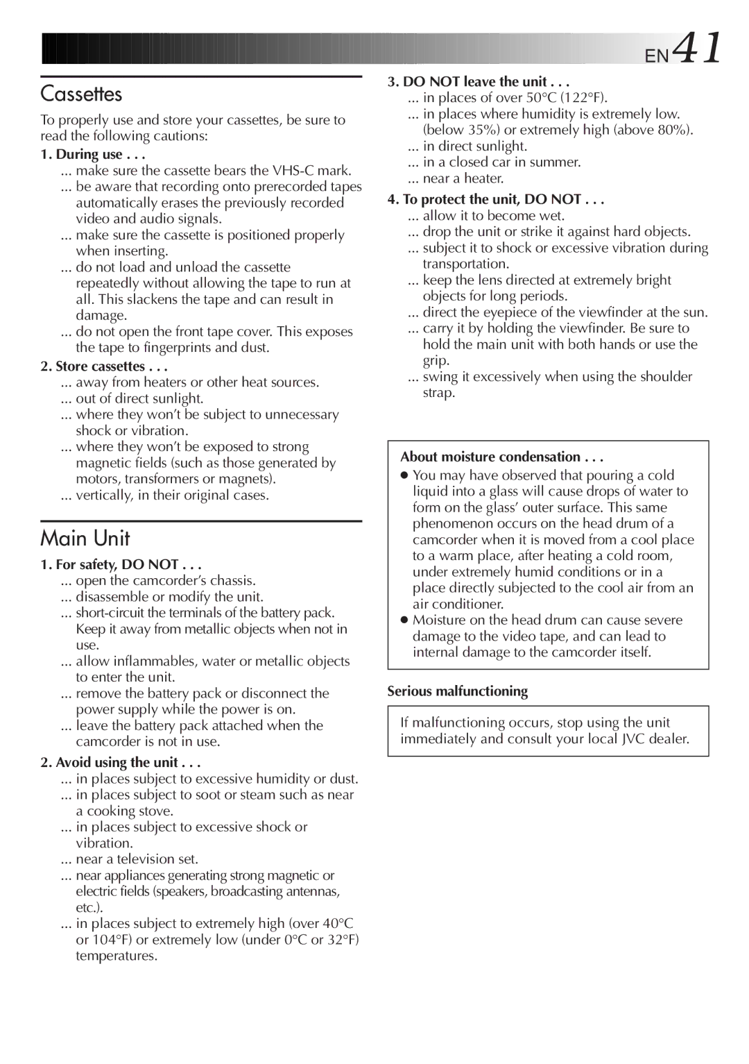 JVC GR-AX767UM specifications During use, Store cassettes, For safety, do not, Avoid using the unit, Do not leave the unit 