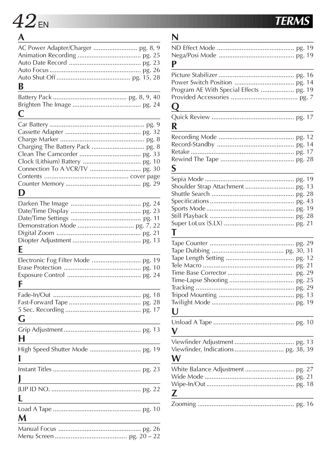 JVC GR-AX767UM specifications 42 EN, Pg , 9, Tape Dubbing, Wide Mode Wipe-In/Out Zooming Manual Focus 