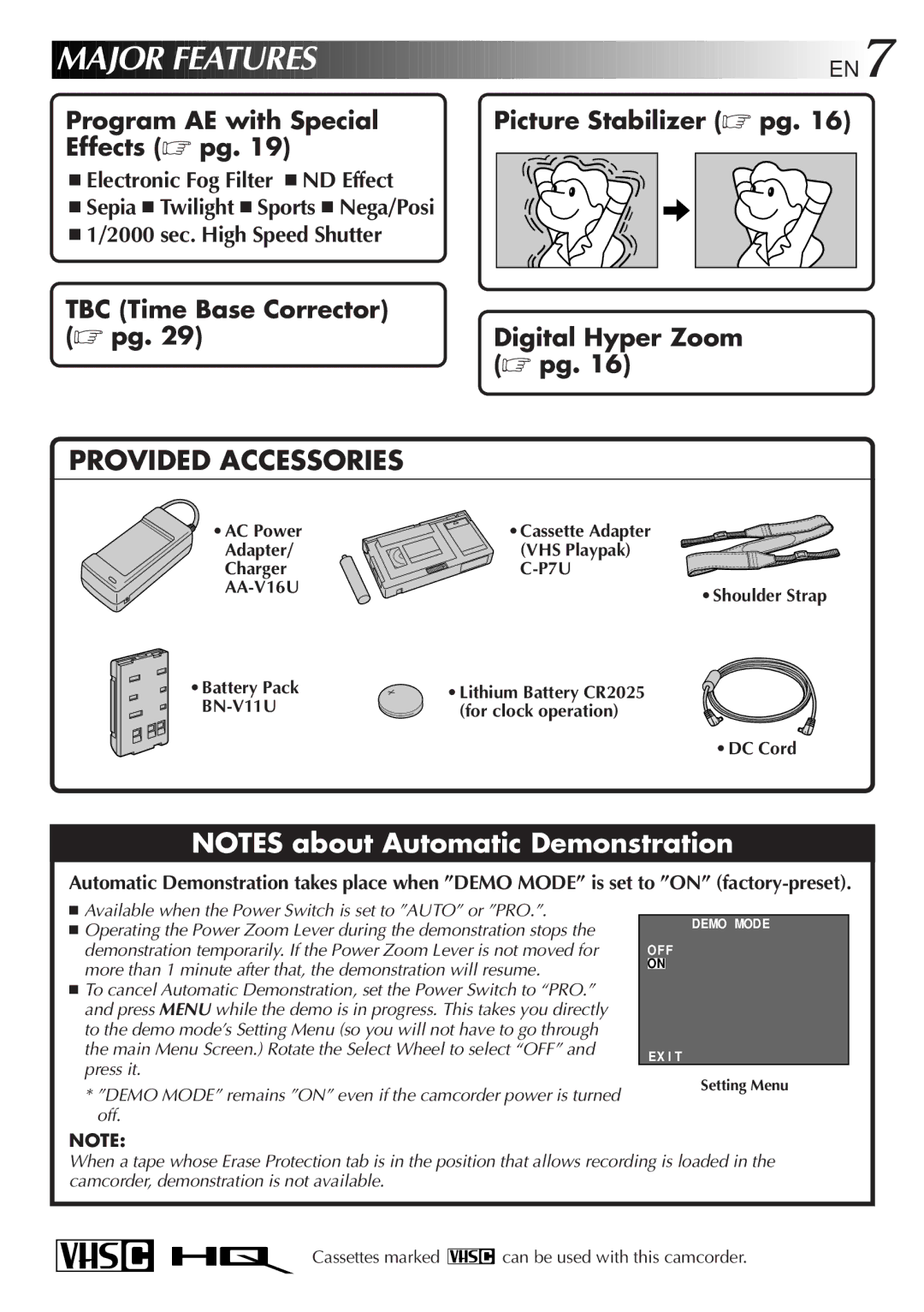 JVC GR-AX767UM specifications Major Features, AC Power Cassette Adapter VHS Playpak Charger P7U AA-V16U 