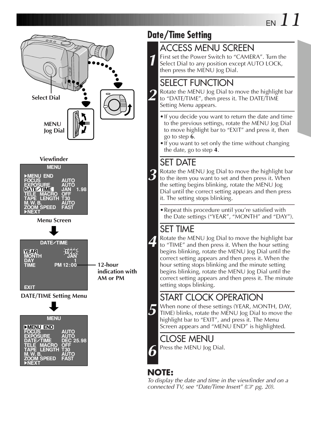 JVC GR-AX47, GR-AX77, LYT0090-001B manual Select Dial, Jog Dial Viewfinder, DATE/TIME Setting Menu 