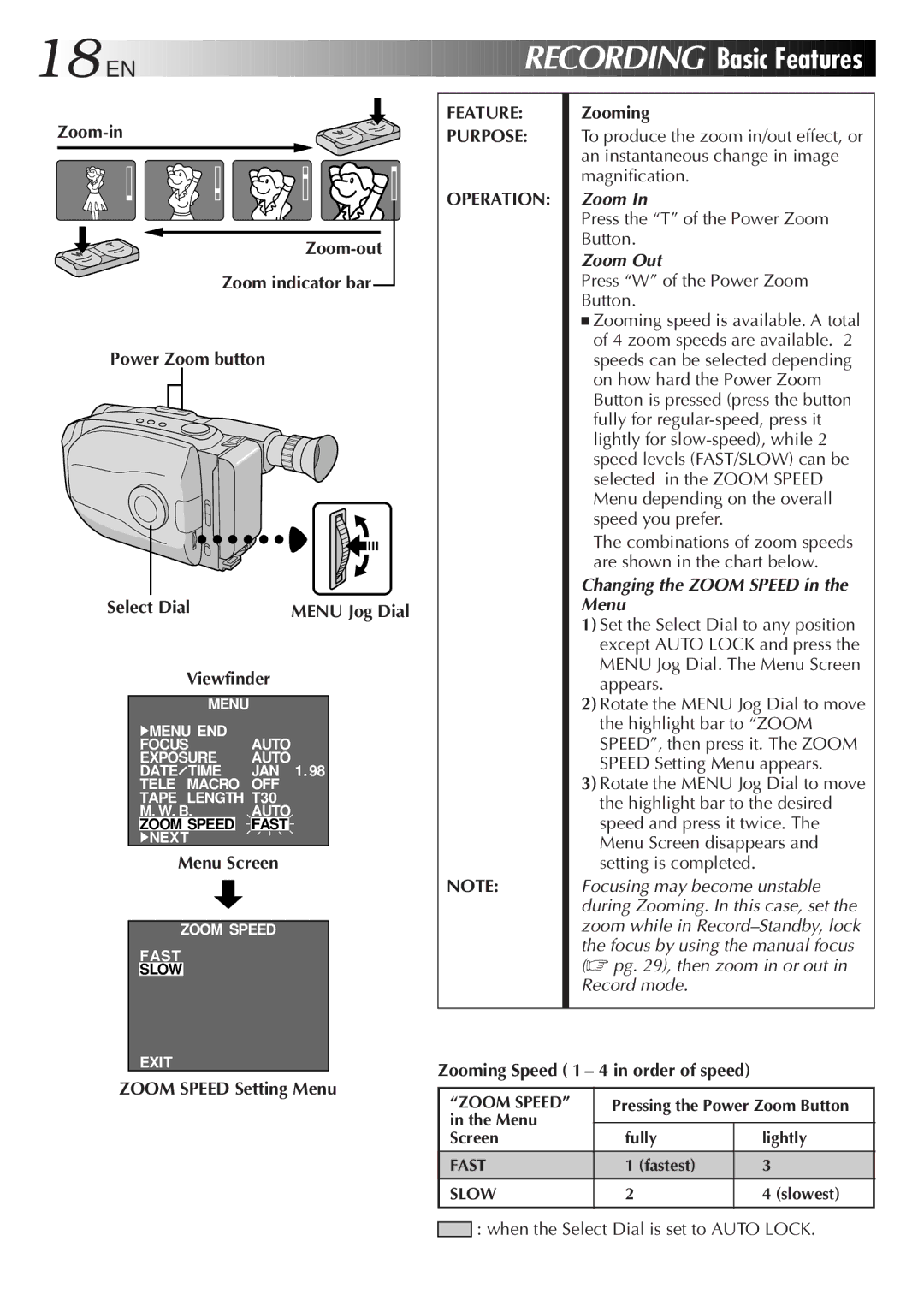 JVC GR-AX77, LYT0090-001B, GR-AX47 manual EN Recording Basic Features, Feature Purpose Operation 