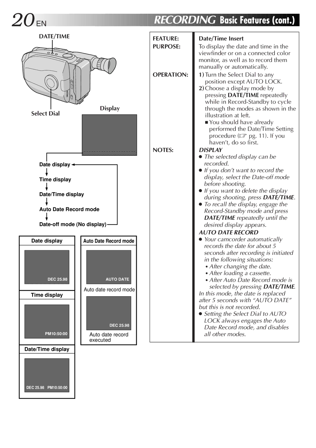 JVC GR-AX47, GR-AX77, LYT0090-001B manual Basic Features, Display Select Dial, Date/Time Insert 