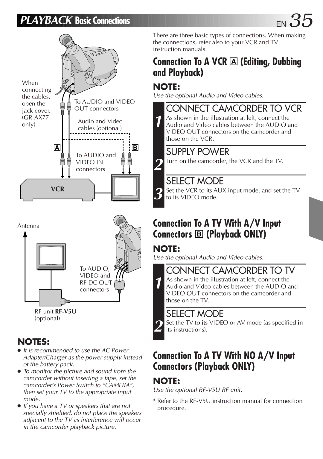 JVC GR-AX47 Playback Basic Connections, Connection To a VCR a Editing, Dubbing and Playback, Connect Camcorder to VCR 