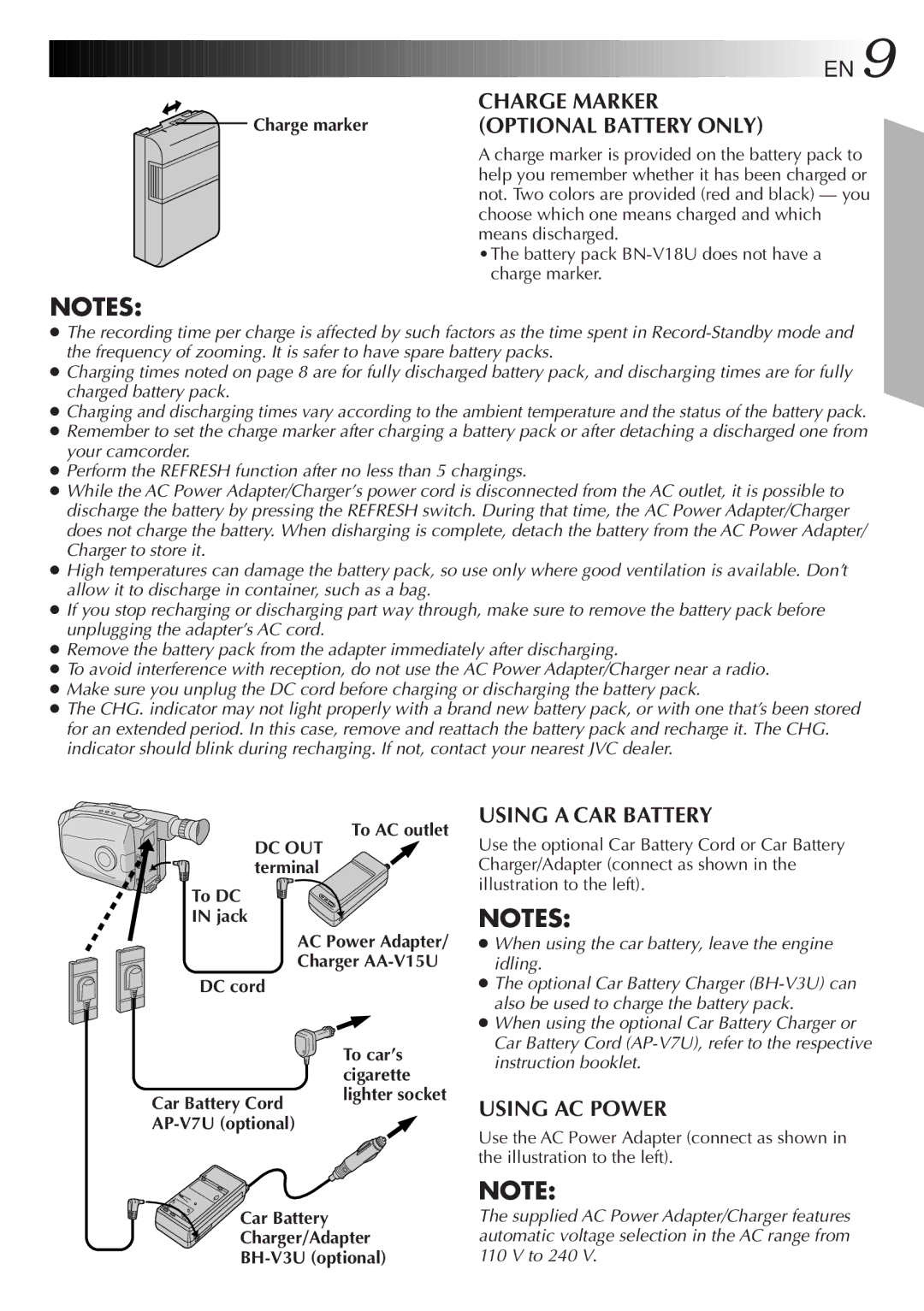 JVC GR-AX77, GR-AX47 Charge marker, To AC outlet DC OUT terminal To DC Jack, Car Battery Charger/Adapter BH-V3U optional 