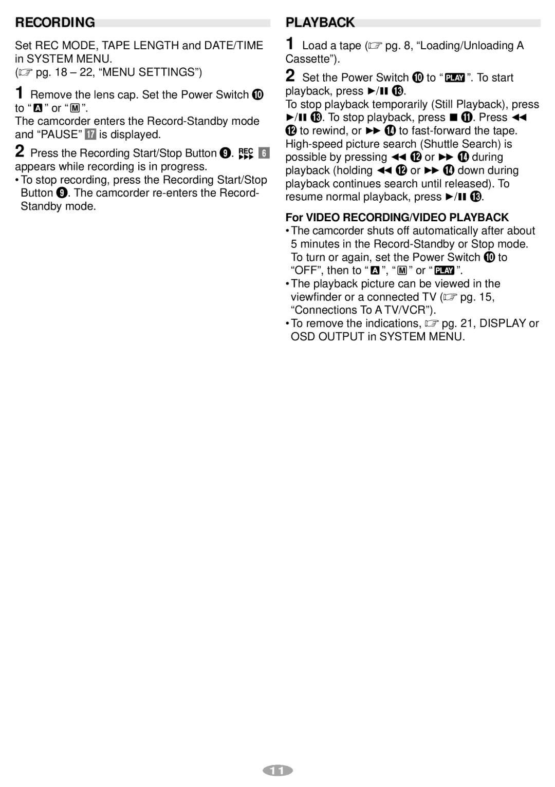 JVC GR-AX770 manual Recording, For Video RECORDING/VIDEO Playback 