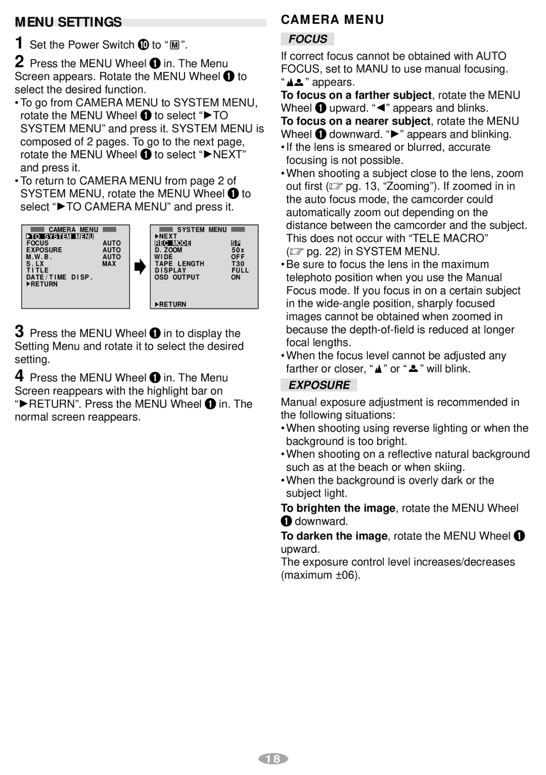 JVC GR-AX770 manual Menu Settings, Camera Menu, Focus, Exposure 