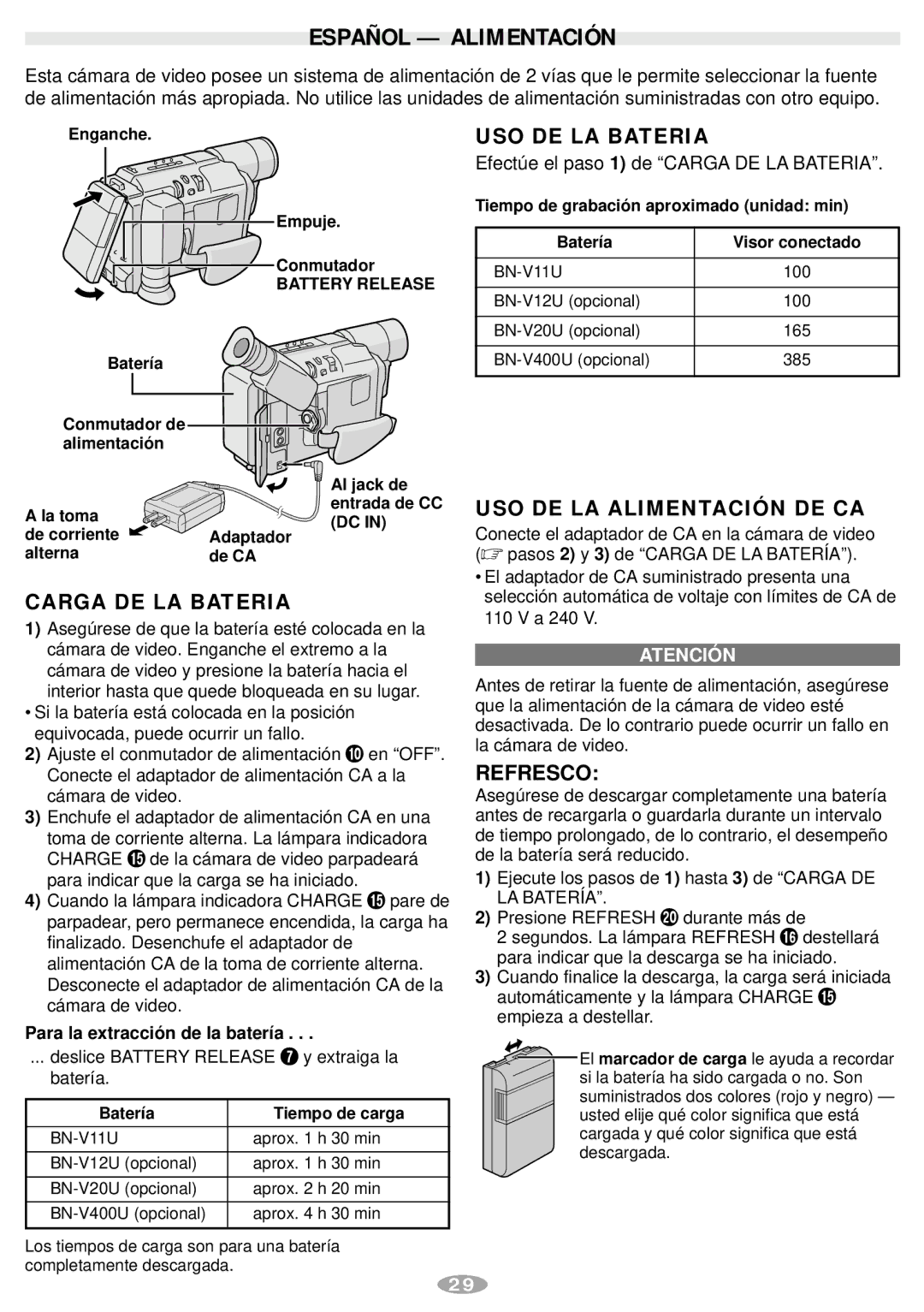 JVC GR-AX770 manual Español Alimentación, Carga DE LA Bateria, USO DE LA Bateria, USO DE LA Alimentación DE CA, Refresco 