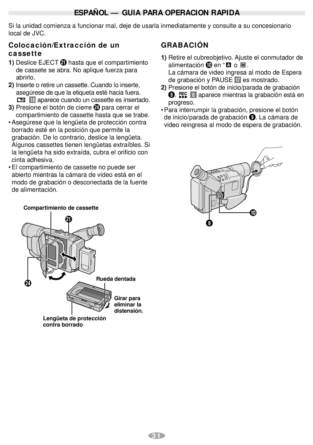 JVC GR-AX770 manual Español Guia Para Operacion Rapida, Colocación/Extracción de un cassette, Grabación 