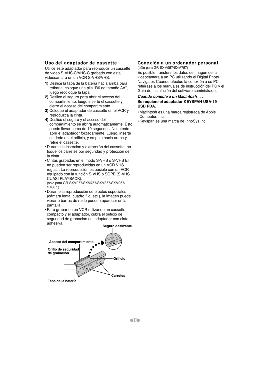 JVC GR-SXM757 Uso del adaptador de cassette, Conexión a un ordenador personal, Se requiere el adaptador Keyspan USA-19 