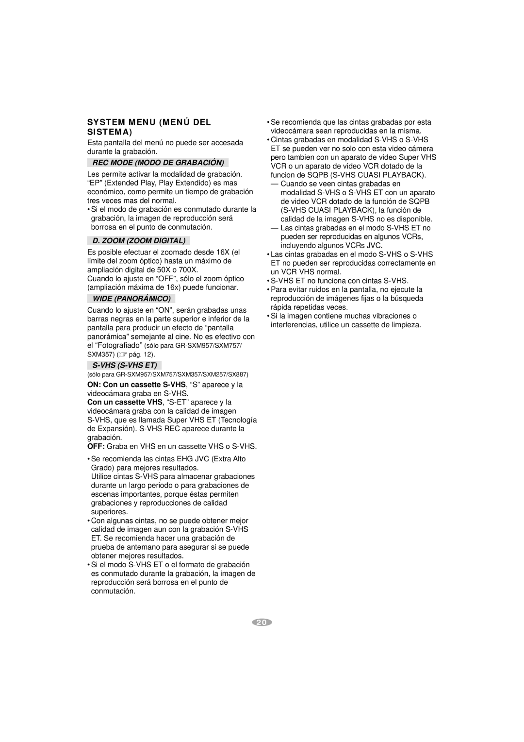 JVC GR-SXM357, GR-AX787, GR-SX887, GR-SXM257, GR-SXM757, GR-SXM957 manual System Menu Menú DEL Sistema 