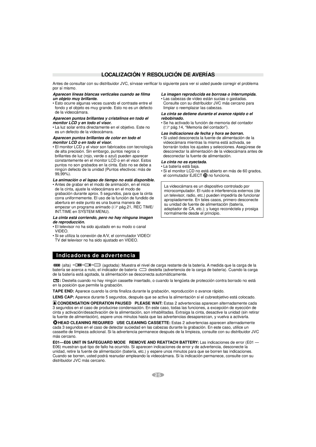 JVC GR-SX887, GR-AX787 manual Localización Y Resolución DE Averías, La animació n o el lapso de tiempo no está disponible 