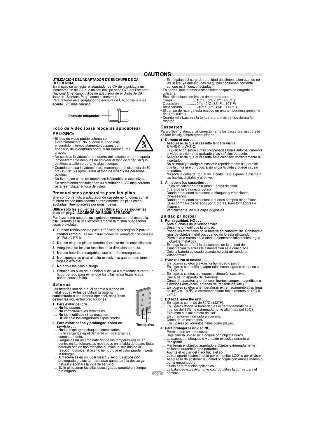 JVC GR-SXM357, GR-AX787, GR-SX887, GR-SXM257, GR-SXM757 manual Peligro, Utilizacion DEL Adaptador DE Enchufe DE CA Residencial 