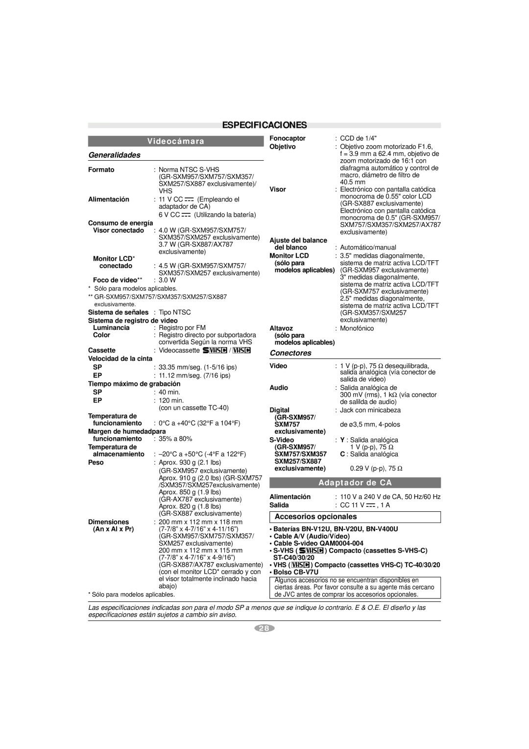 JVC GR-SXM757, GR-AX787, GR-SX887, GR-SXM357, GR-SXM257, GR-SXM957 manual Especificaciones, Accesorios opcionales 