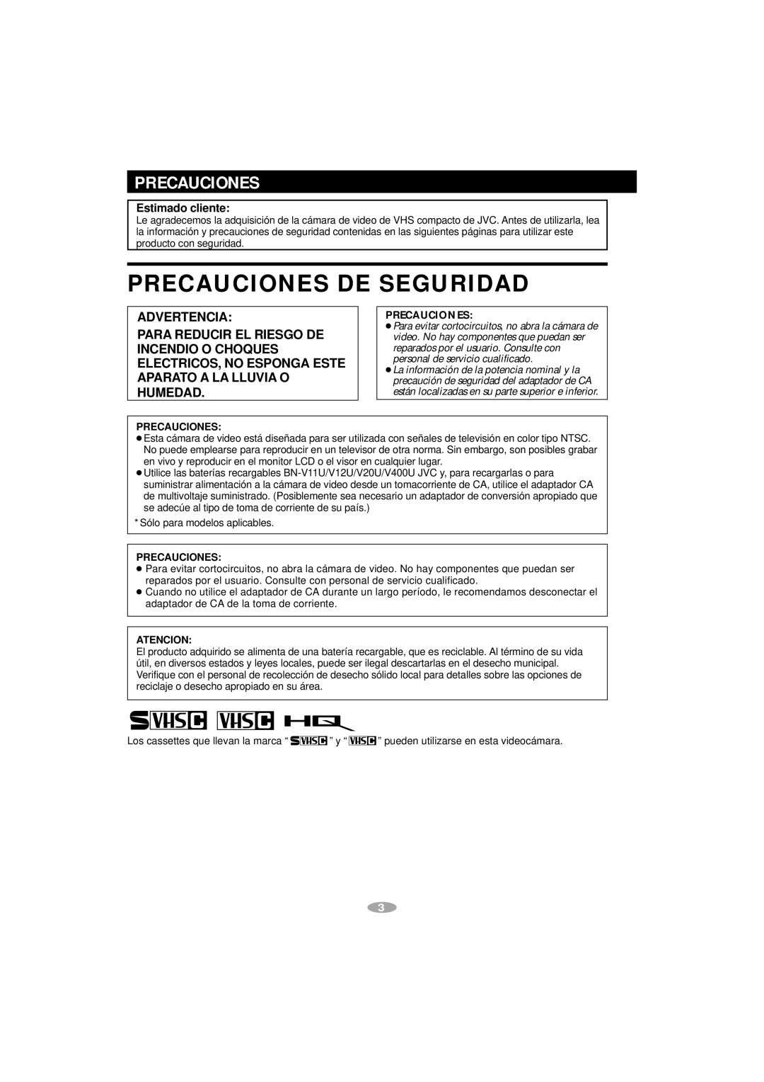 JVC GR-SXM257, GR-AX787, GR-SX887, GR-SXM357, GR-SXM757, GR-SXM957 manual Precauciones, Atencion 