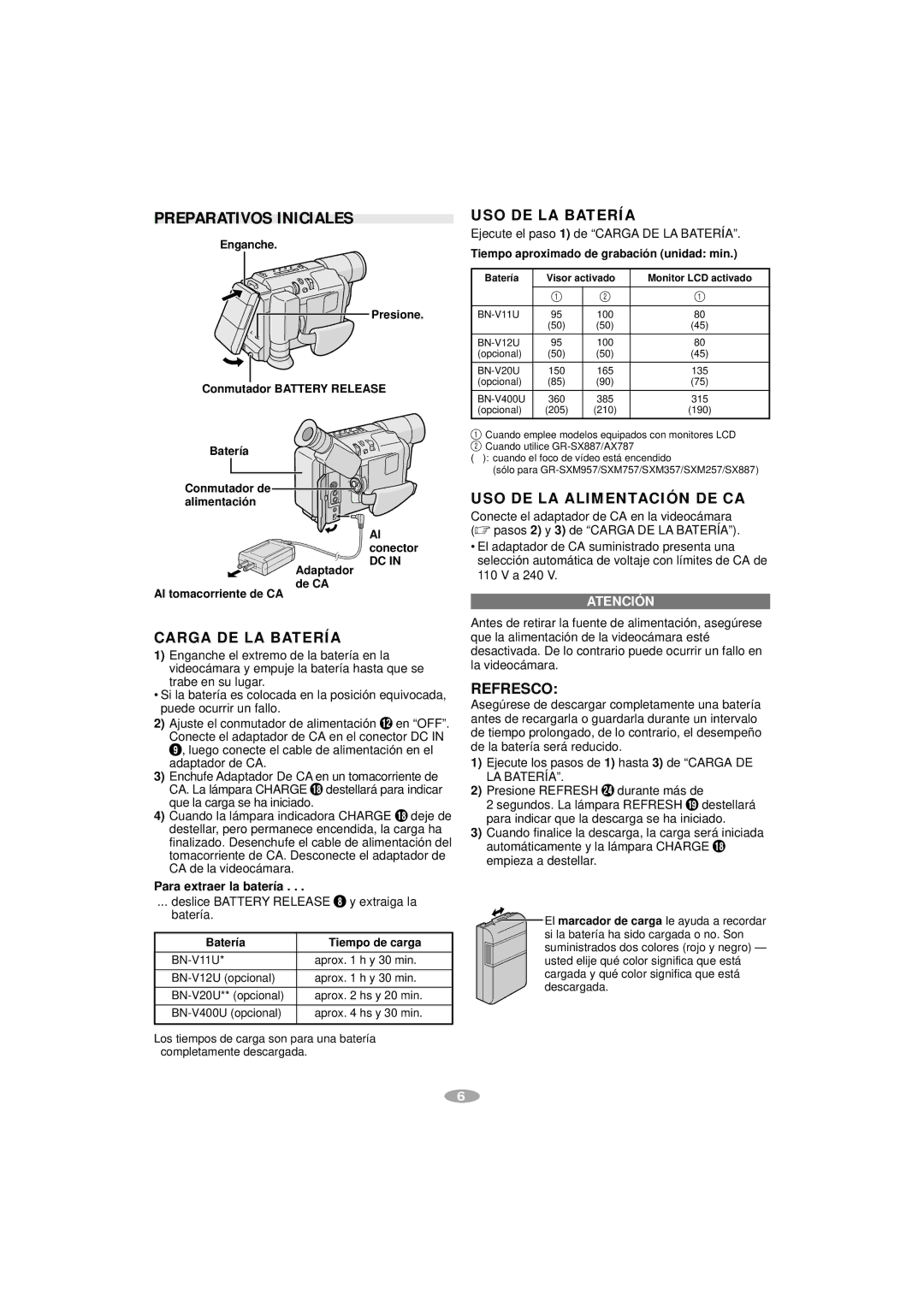 JVC GR-AX787, GR-SX887, GR-SXM357, GR-SXM257, GR-SXM757, GR-SXM957 manual Preparativos Iniciales, Para extraer la batería 