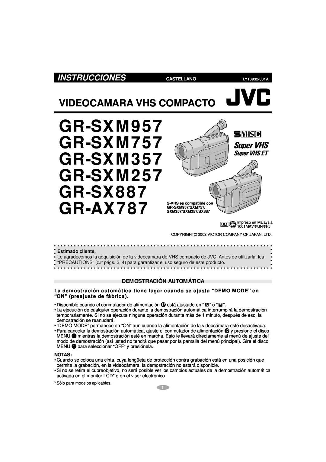 JVC GR-SX887, GR-AX787, GR-SXM357 manual Videocamara Vhs Compacto, Instrucciones, Demostración Automática, Castellano 