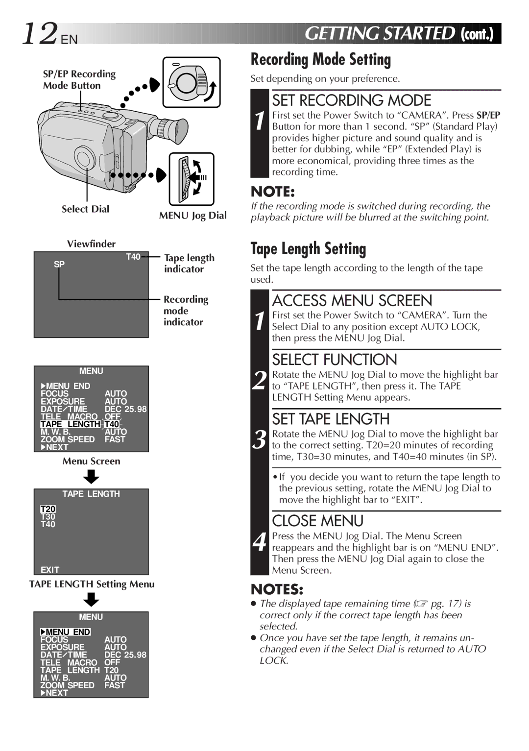 JVC GR-AX830 manual SP/EP Recording Mode Button Select Dial Viewfinder, Menu Jog Dial 