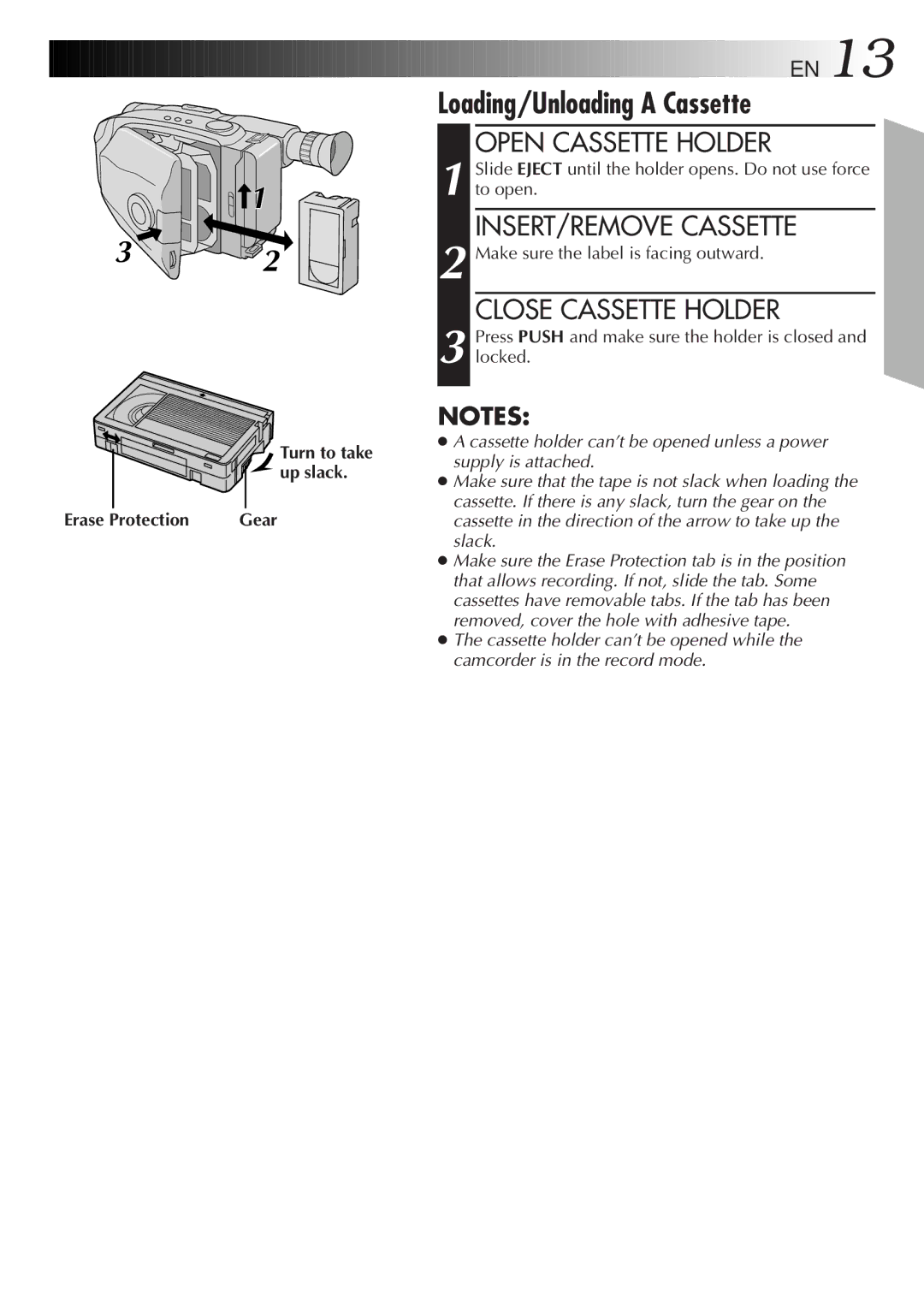 JVC GR-AX830 manual Loading/Unloading a Cassette, Open Cassette Holder, INSERT/REMOVE Cassette, Close Cassette Holder 