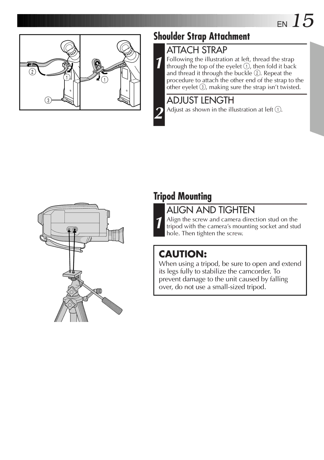 JVC GR-AX830 manual Shoulder Strap Attachment, Tripod Mounting, Attach Strap, Adjust Length, Align and Tighten 