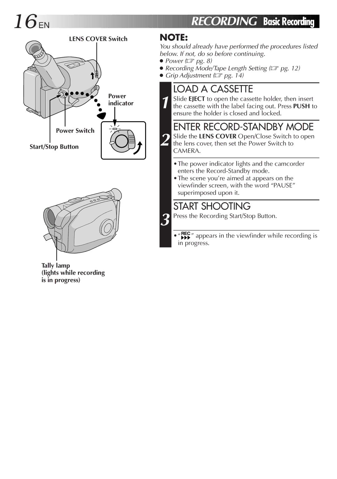 JVC GR-AX830 manual EN Recording Basic Recording, Load a Cassette, Enter RECORD-STANDBY Mode, Start Shooting 