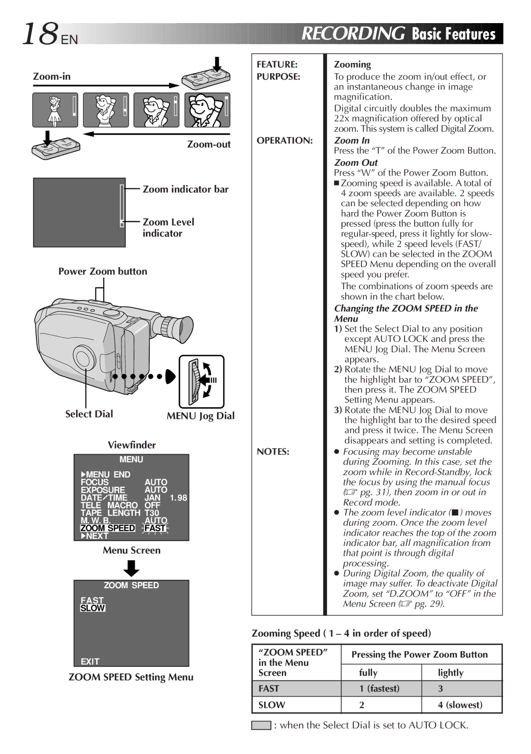 JVC GR-AX830 manual EN Recording Basic Features, Zoom-in Zoom-out Zoom indicator bar, Power Zoom button, Menu Screen 