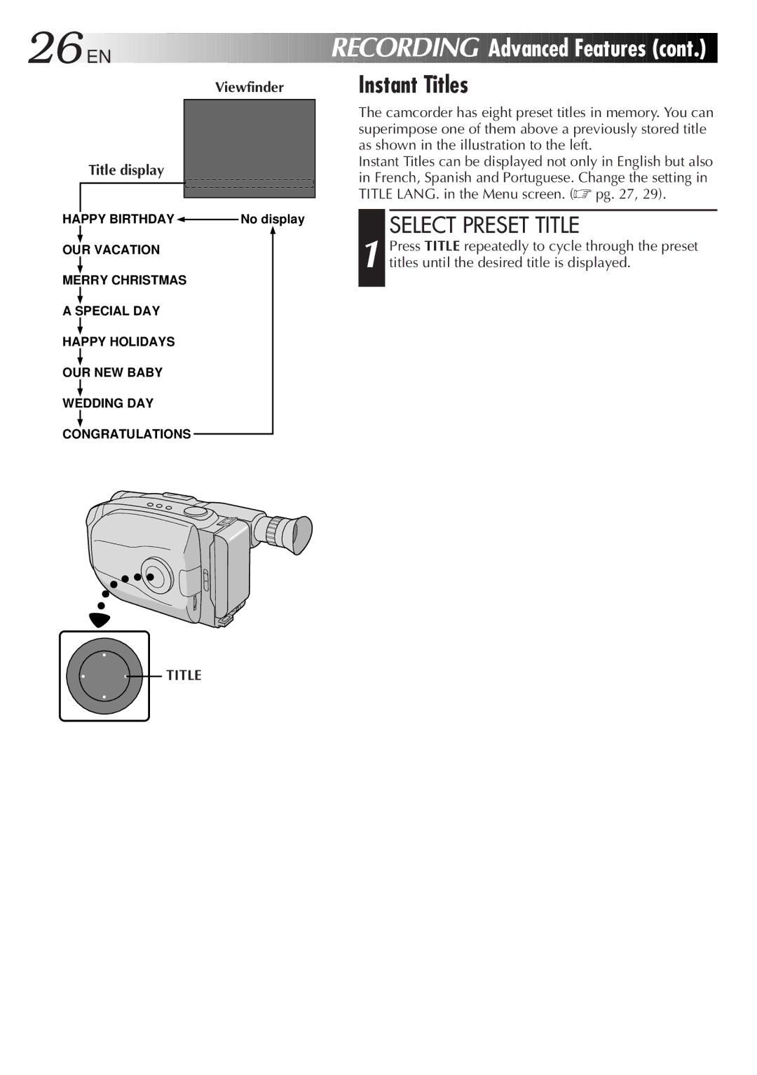 JVC GR-AX830 manual Instant Titles, Select Preset Title, Title display 