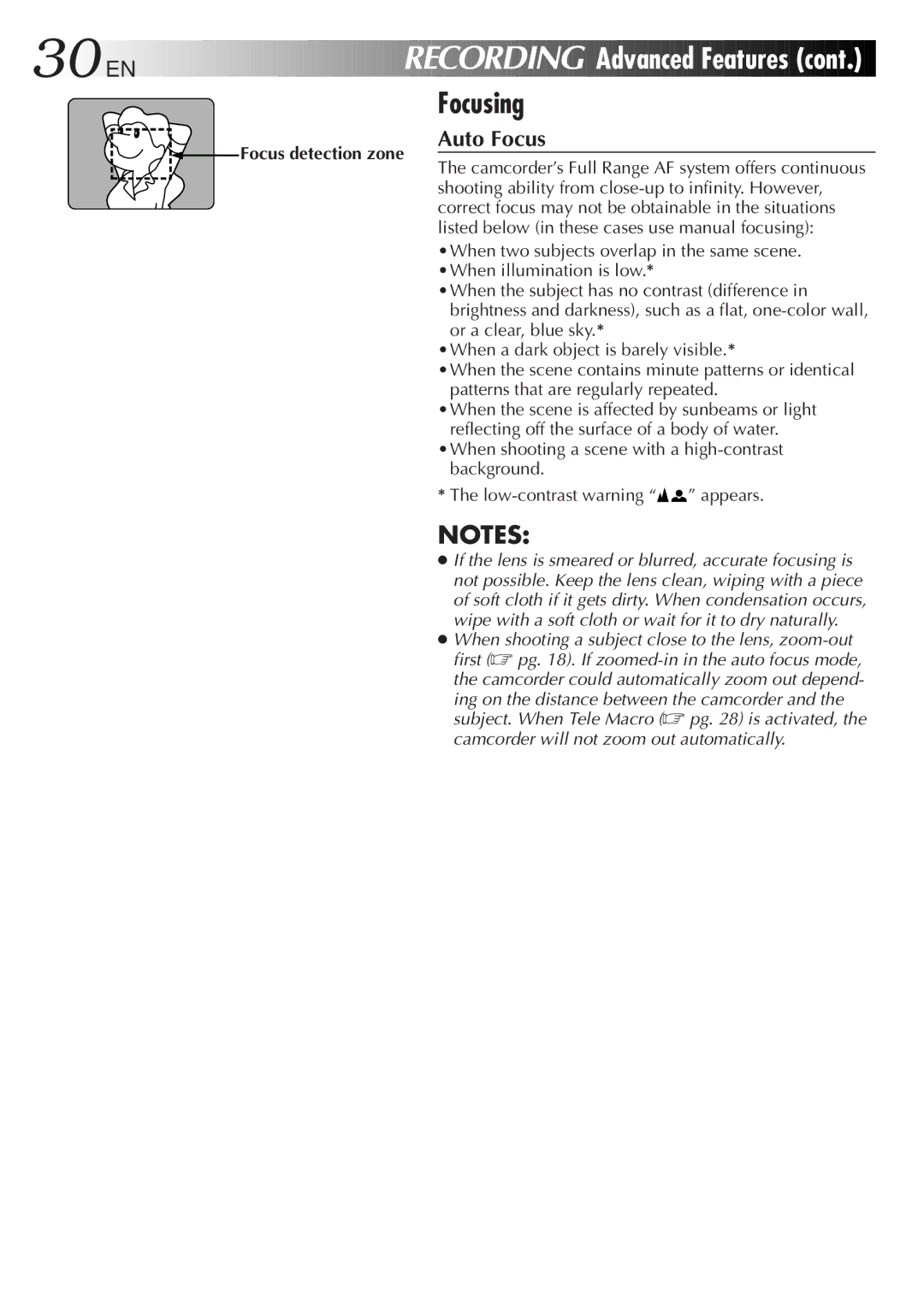 JVC GR-AX830 manual Focusing, Focus detection zone 