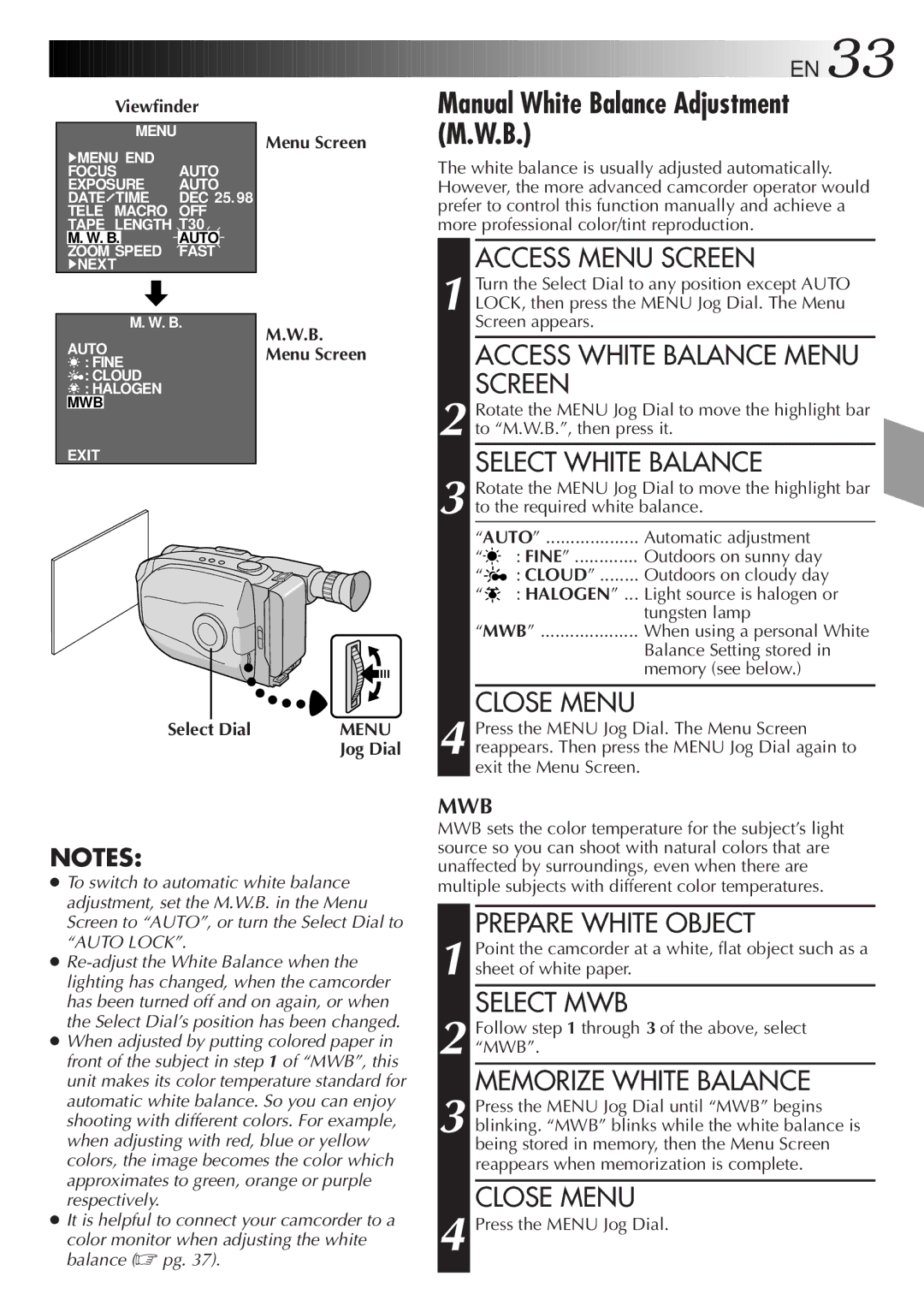 JVC GR-AX830 manual Manual White Balance Adjustment M.W.B 