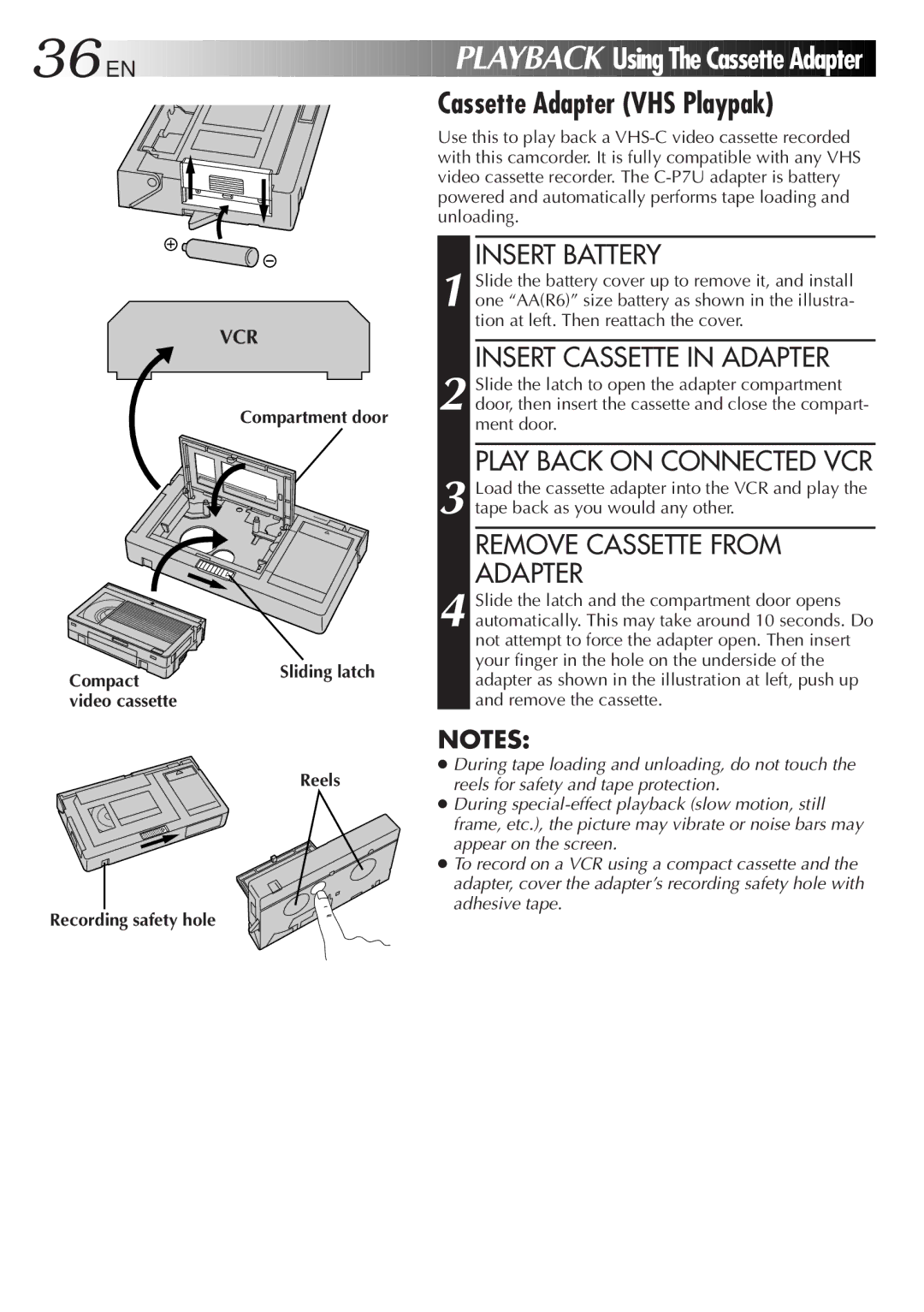 JVC GR-AX830 manual EN Playback Using The Cassette Adapter, Cassette Adapter VHS Playpak, Insert Cassette in Adapter 