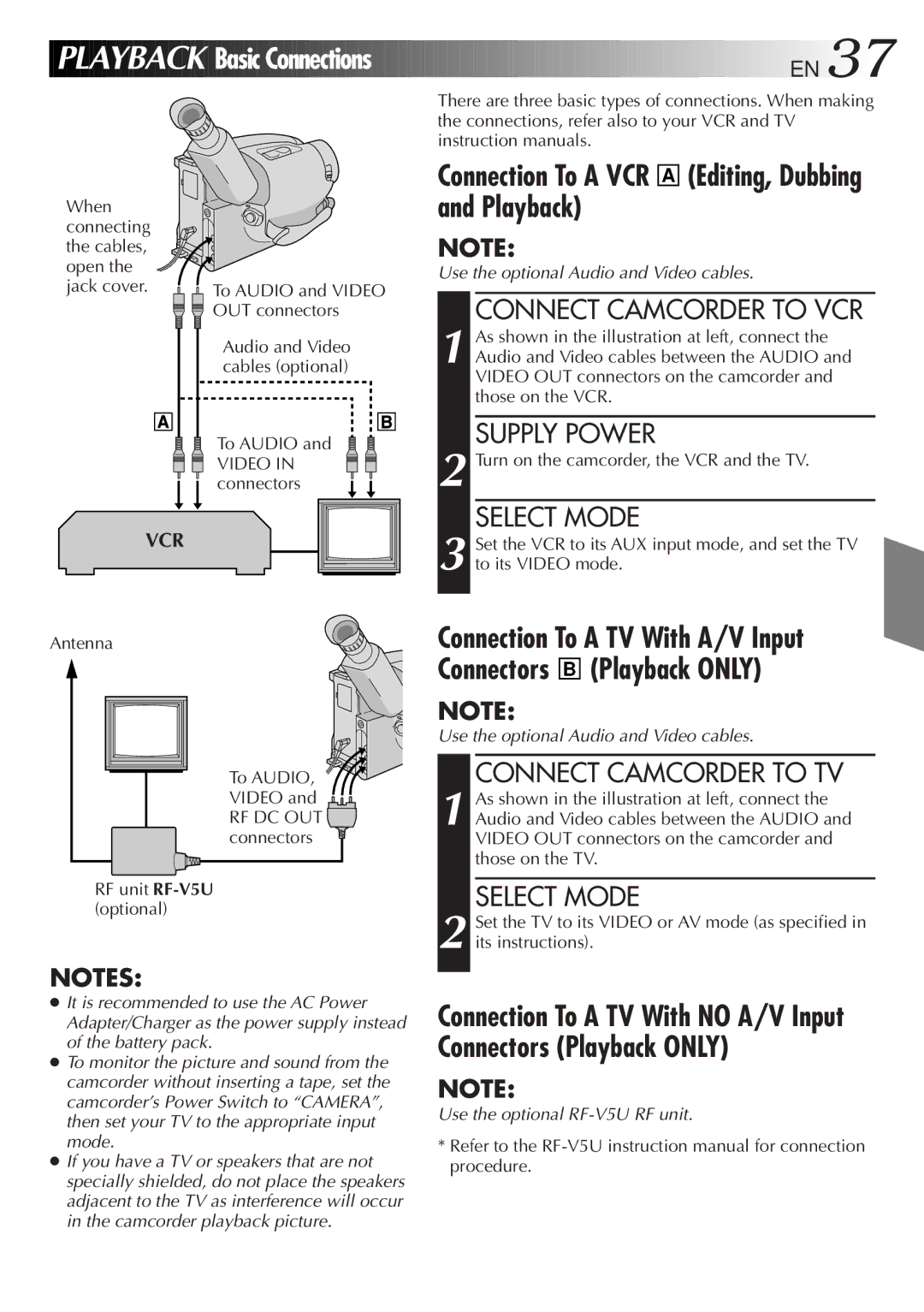 JVC GR-AX830 Playback Basic Connections, Connection To a VCR a Editing, Dubbing and Playback, Connect Camcorder to VCR 