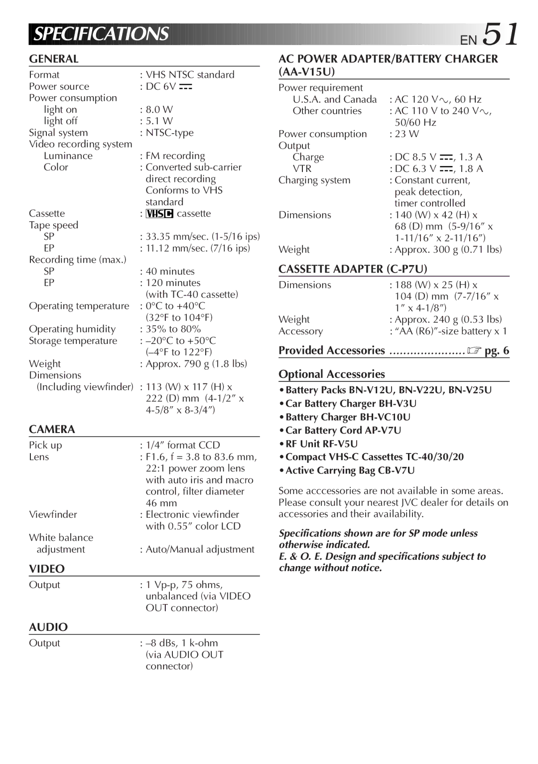 JVC GR-AX830 manual Specifications 