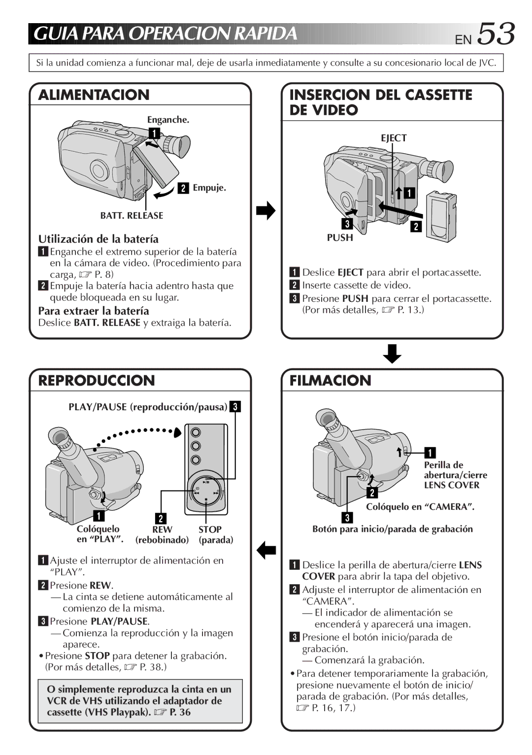 JVC GR-AX830 manual Utilización de la batería, Para extraer la batería, Eject Push, PLAY/PAUSE reproducción/pausa 