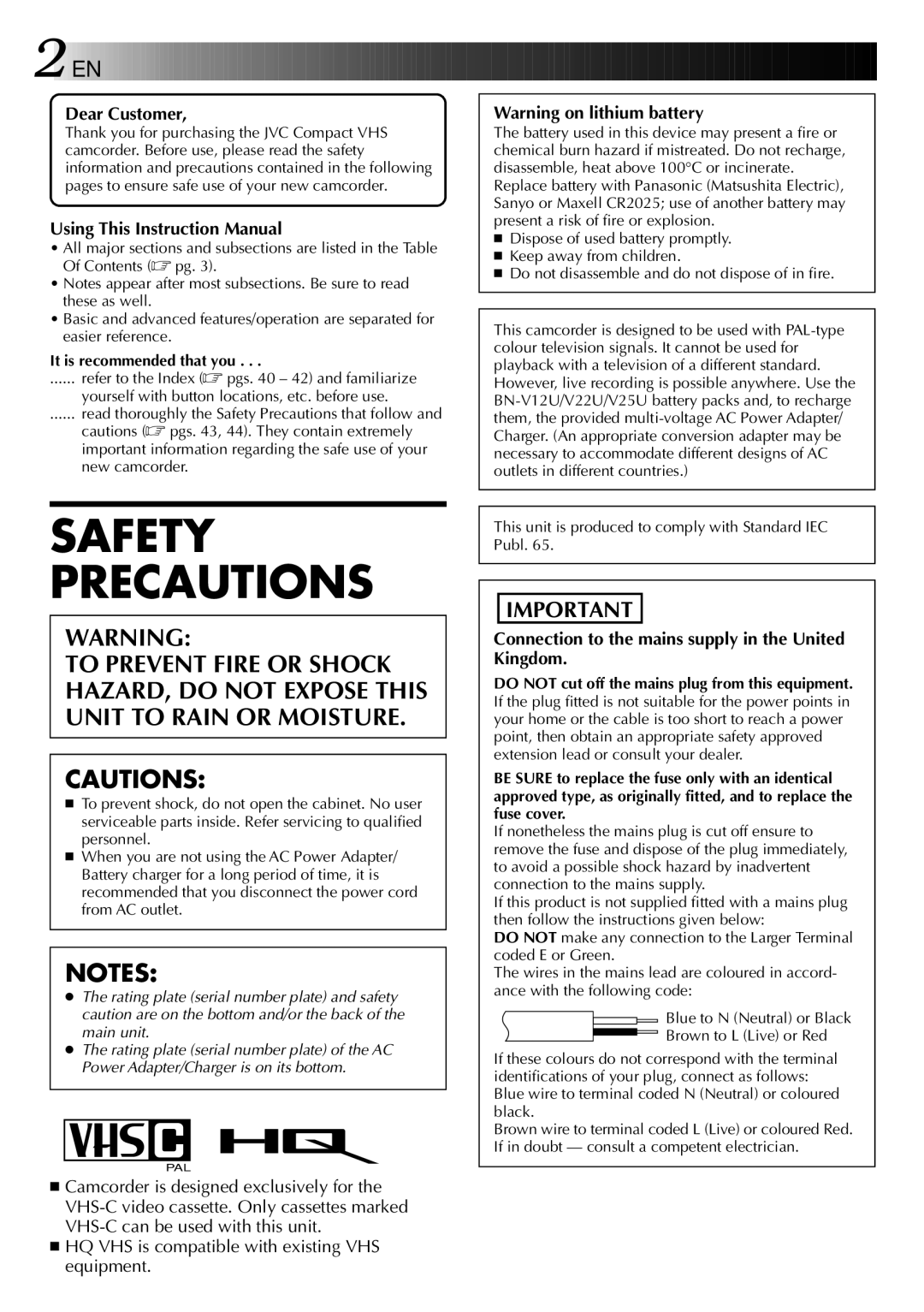 JVC GR-AX838EG instruction manual Dear Customer, Connection to the mains supply in the United Kingdom 